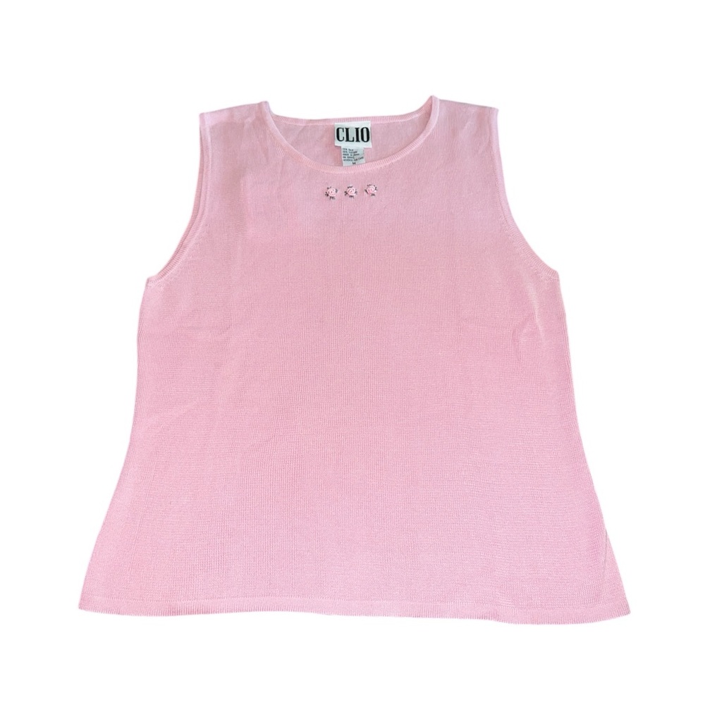 NWT Vintage Clio Knit Sleeveless Shirt with Floral Stitched Detail Size M